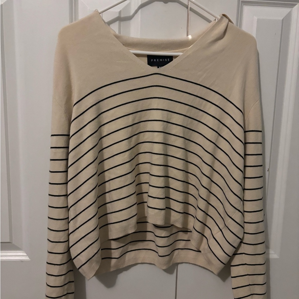 Premise Cream and Black Striped V-Neck Sweater